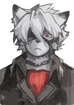  1boy animal_ears artist_logo ascot black_vest buchi0122 colored_tips commentary furry furry_male highres looking_at_viewer male_focus multicolored_hair one_eye_covered red_ascot red_eyes upper_body vest von_lycaon white_background wolf_boy wolf_ears zenless_zone_zero 