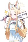  animal_ears animal_on_head bird bird_on_head blonde_hair blue_archive blush collarbone flower hair_flower hair_ornament halo highres holding holding_microphone holding_sign kirigakure_(iroiro_tsukauyo) long_hair looking_at_viewer microphone on_head pleated_skirt print_shirt seia_(blue_archive) shirt sign skirt smile sparkle two-tone_eyes white_background white_shirt white_skirt yellow_halo 