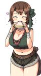  1girl blush breasts brown_hair cleavage closed_eyes collarbone crop_top eating food green_headband headband heart highres holding holding_food large_breasts maruput midriff navel open_mouth original sandwich short_hair short_shorts shorts solo thighs 