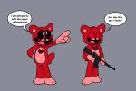 anthro assault_rifle bear bobby_bearhug english_text eyes_closed female gun holding_object holding_weapon jewelry mammal mob_entertainment necklace open_mouth pandaffitiart poppy_playtime ranged_weapon rifle simple_background smiling_critters solo speech_bubble text tongue weapon