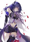  1girl absurdres acheron_(honkai:_star_rail) black_choker black_gloves black_shorts boots breasts chain choker cleavage coat coattails detached_sleeves falling_petals gloves hair_over_one_eye highres honkai:_star_rail honkai_(series) long_hair manche5ter midriff multicolored_hair navel petals purple_eyes purple_hair short_shorts shorts single_bare_shoulder solo stomach streaked_hair thigh_boots white_background white_coat 