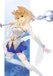  1girl :d animal_ears arcueid_brunestud blonde_hair blue_background blue_skirt breasts brinbow_liii cleavage commentary_request crescent crescent_hat_ornament detached_sleeves feet_out_of_frame hat_ornament highres holding holding_staff looking_at_viewer medium_breasts open_mouth red_eyes short_hair skirt smile solo staff thighhighs tsukihime white_thighhighs 