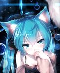  animal_ears aqua_eyes aqua_hair bai_yemeng blush breasts bubble cat_ears cleavage close-up finger_to_mouth hair_ribbon hatsune_miku hidden_mouth highres long_hair md5_mismatch off_shoulder out_of_frame revision ribbon small_breasts tail twintails vocaloid 