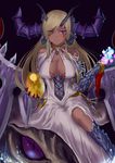  bare_shoulders black_background blonde_hair breasts claws cleavage dark_skin dragon dragon_girl dragon_horns dragon_wings dress egg facial_mark gold_egg_(p&amp;d) heterochromia highres horns jyon large_breasts long_hair looking_at_viewer purple_eyes puzzle_&amp;_dragons scales simple_background sitting slit_pupils smile solo sonia_gran wings yellow_eyes 