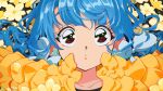  1girl :o blue_bow blue_hair bow close-up commentary earrings english_commentary flower flower_earrings green_eyes hair_bow jewelry long_hair looking_at_viewer original portrait retro_artstyle signature solo straight-on yellow_flower yo-co 