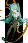 1girl 39 absurdres aqua_hair aqua_necktie arms_between_legs bare_shoulders black_footwear black_skirt black_sleeves boots closed_mouth collared_shirt commentary_request detached_sleeves expressionless full_body grey_eyes hair_between_eyes hatsune_miku highres knee_up long_hair looking_at_viewer miku_day necktie ryuuforkaf shirt sitting skirt solo thigh_boots tie_clip twintails v very_long_hair vocaloid white_shirt 