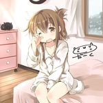  brown_eyes brown_hair curtains darkside drawer dress_shirt folded_ponytail inazuma_(kantai_collection) kantai_collection no_pants on_bed one_eye_closed open_mouth shirt sitting sitting_on_bed solo window yawning 