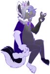 2017 alpha_channel anthro blue_eyes canid canine canis cape clothing crown digital_drawing_(artwork) digital_media_(artwork) domestic_dog ear_piercing eyebrows facial_piercing full-length_portrait fur gesture grey_body grey_fur grey_hair grey_pawpads hair hand_gesture headgear hi_res highlights_(coloring) hindpaw jaspering lip_piercing lip_ring male mammal outline pawpads paws piercing plantigrade portrait purple_highlights purple_nose purple_outline ring_piercing shaded simple_background simple_shading smile snout solo tail transparent_background v_sign whisker_spots white_body white_fur