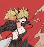  1girl backless_outfit black_overalls blonde_hair breasts cleavage collarbone commentary demon_horns demon_tail dorohedoro han_gong highres horns nikaidou_(dorohedoro) open_mouth overalls ponytail red_background red_eyes sideboob solo tail waist_bag 