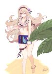  1girl :d anklet atoatto bare_shoulders barefoot bikini black_hairband book breasts cleavage convenient_censoring corrin_(female)_(fire_emblem) corrin_(female)_(summer)_(fire_emblem) corrin_(fire_emblem) fire_emblem fire_emblem_fates fire_emblem_heroes flower hair_flower hair_ornament hairband holding holding_book jewelry leaf long_hair navel official_alternate_costume pointy_ears red_eyes smile solo swimsuit thigh_strap twitter_username very_long_hair white_background white_hair 