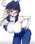  1girl absurdres adjusting_eyewear artist_name ass ass_visible_through_thighs bare_shoulders bent_over black_hair blue_eyes blue_hair blue_pants blunt_bangs breasts clothing_cutout colored_inner_hair denim glasses hair_intakes hand_on_own_hip high-waist_pants highres hololive hololive_english jeans jrpulse large_breasts leaning_forward long_hair long_sleeves multicolored_hair official_alternate_costume official_alternate_hair_length official_alternate_hairstyle ouro_kronii ouro_kronii_(casual) pants semi-rimless_eyewear shoulder_cutout solo sweater thighs turtleneck twitter_username virtual_youtuber white_sweater 