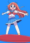  1girl blue_background blue_eyes blue_sailor_collar blue_skirt dokan_(dkn) flip_flappers floating_hair full_body long_hair looking_at_viewer miniskirt neckerchief open_mouth orange_hair papika_(flip_flappers) pleated_skirt red_neckerchief sailor_collar sailor_shirt school_uniform serafuku shirt skirt solo standing white_shirt 