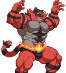 abs absurd_res anthro barazoku biceps big_muscles bulge clothed clothing darknaigart digital_media_(artwork) felid fur generation_7_pokemon hi_res incineroar male mammal muscular muscular_anthro muscular_male nintendo pecs pokemon pokemon_(species) red_body red_fur simple_background smile solo tail teeth topless underwear underwear_only yellow_sclera