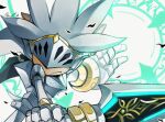  1boy armor covered_eyes furry furry_male galahad_(sonic) highres holding holding_weapon magic_circle signature silver_the_hedgehog solo sonic_(series) sonic_and_the_secret_rings weapon white_fur wifiwhere 