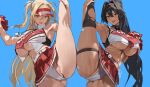  2girls bay_(nikke) black_hair blonde_hair blush breasts cheerleader clay_(nikke) crop_top dark-skinned_female dark_skin goddess_of_victory:_nikke hair_intakes highres hintobento large_breasts leg_lift long_hair mole mole_under_mouth multicolored_hair multiple_girls navel panties pleated_skirt pom_pom_(cheerleading) ponytail skirt smile underboob underwear visor_cap white_hair white_panties 