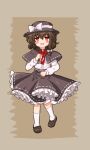  1girl :d absurdres black_capelet black_hat black_skirt blush_stickers bow bowtie brown_background brown_footwear brown_hair capelet chinese_commentary commentary_request frilled_skirt frills full_body hair_bow hand_up hat hat_bow high-waist_skirt highres kneehighs long_sleeves looking_at_viewer neko4xmata_(mao_zhuo) open_mouth partial_commentary petticoat pink_eyes pixel_art red_bow red_bowtie ribbon-trimmed_capelet ribbon-trimmed_skirt ribbon_trim shirt shoes short_hair simple_background skirt smile socks solo standing touhou usami_renko white_bow white_shirt white_socks 