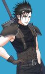  1boy armor belt belt_buckle black_gloves black_hair black_pants black_sweater blue_background blue_eyes buckle buster_sword closed_mouth crisis_core_final_fantasy_vii final_fantasy final_fantasy_vii final_fantasy_vii_rebirth final_fantasy_vii_remake gloves hair_slicked_back hand_on_own_hip ko102k1 looking_at_viewer male_focus multiple_belts pants ribbed_sweater shoulder_armor sleeveless sleeveless_turtleneck solo spiked_hair sweater sword sword_on_back turtleneck turtleneck_sweater upper_body weapon weapon_on_back zack_fair 