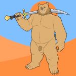 absurd_res anthro arm_tuft bald balls barbarian beard belly_tuft brown_beard brown_facial_hair chest_tuft claws elbow_tuft facial_hair feet finger_claws flaccid foreskin fur gem genitals greatsword hi_res holding_melee_weapon holding_object holding_sword holding_weapon humanoid_genitalia humanoid_hands humanoid_penis knee_tuft leg_tuft male melee_weapon nude overweight overweight_anthro overweight_male pawpads penis quasarbearcat scar shoulder_tuft simple_background smile smiling_at_viewer solo standing sword syrian_bear tan_body tan_fur teeth toe_claws tuft weapon white_claws yellow_eyes