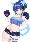 1girl absurdres animal_ears animal_hands bell bikini bikini_under_clothes blue_eyes blue_hair breasts cat_ears cat_tail crop_top denim denim_shorts duel_monster gloves highres midriff navel neck_bell ni-ni_the_mirror_mikanko oldsickkim paw_gloves see-through see-through_shirt short_hair shorts solo swimsuit tail thigh_strap yu-gi-oh! 