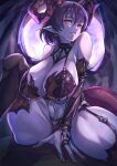  1girl breasts bridal_gauntlets colored_skin commission demon_girl demon_horns demon_tail demon_wings earrings elbow_gloves fingernails full_moon gloves highres horns jewelry large_breasts looking_at_viewer moon nail_polish navel original parted_lips pointy_ears purple_hair purple_skin red_eyes revealing_clothes sharp_fingernails short_hair shouma_(bravespiritya) skeb_commission solo tail thighhighs wings 