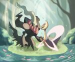  ashita_mo black_skin blue_sclera closed_eyes colored_sclera colored_skin cresselia darkrai floating forest full_body grass highres holding_hands looking_at_another nature no_humans outdoors petals petals_on_liquid pokemon pokemon_(creature) tree water 