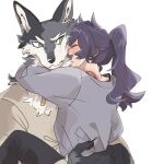  1boy 1girl animal_ears arms_around_neck bite_mark bite_mark_on_neck black_pants blush body_fur brown_shirt carrying carrying_person child_carry claws closed_eyes closed_mouth commentary_request face_in_neck facing_another furry furry_male furry_with_non-furry green_eyes grey_fur hetero heterochromia highres injury interspecies long_sleeves looking_at_another original pants rata_(norahasu) shirt simple_background tail upper_body white_background white_fur wolf_boy wolf_ears wolf_tail 