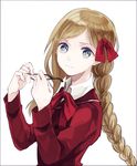  axis_powers_hetalia blue_eyes border braid collared_shirt eyewear_removed glasses hair_ribbon holding holding_eyewear light_brown_hair long_hair long_sleeves looking_at_viewer monaco_(hetalia) red_ribbon ribbon shirt single_braid solo wowishi 