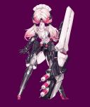  1girl absurdres arms_behind_back bodysuit bound bound_arms bound_legs breasts cannon digitigrade exoskeleton from_behind full_body highres jian_xuanyuan large_breasts latex long_hair low_twintails mecha_musume mechanical_arms mechanical_legs original pink_hair purple_background reverse_prayer second-party_source shiny_clothes skin_tight solo standing stealth_bondage twintails variant_set 