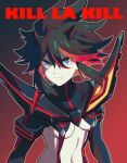  1girl black_hair blue_eyes breasts brick_st closed_mouth copyright_name english_text frown gradient_background highres kill_la_kill looking_at_viewer matoi_ryuuko multicolored_hair navel revealing_clothes senketsu small_breasts solo underboob upper_body 