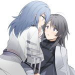  2girls absurdres black_shirt blue_hair blush bright_pupils chest_strap chief_(path_to_nowhere) coat coat_on_shoulders collared_shirt eye_contact female_chief_(path_to_nowhere) grey_coat grey_eyes grey_hair hecate_(path_to_nowhere) highres layered_sleeves long_hair long_sleeves looking_at_another multiple_girls parted_lips path_to_nowhere purple_eyes sappazell shirt short_over_long_sleeves short_sleeves simple_background skirt straddling white_background white_pupils white_shirt white_skirt yuri 