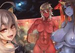  abs blue_oni blue_skin breasts brown_hair demon_girl fang frown horns large_breasts long_hair looking_at_viewer multiple_girls muscle muscular_female nipples nude oni oni_horns onsen open_mouth original parted_lips pepe_(jonasan) pointy_ears pussy red_eyes red_oni red_skin short_hair silver_hair yellow_eyes 