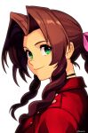  1girl absurdres aerith_gainsborough artist_name black_choker braid braided_ponytail brown_hair choker closed_mouth curly_sidelocks final_fantasy final_fantasy_vii final_fantasy_vii_rebirth final_fantasy_vii_remake green_eyes highres jacket long_hair looking_at_viewer parted_bangs red_jacket ribbon_choker sidelocks single_braid smgold smile solo upper_body white_background 