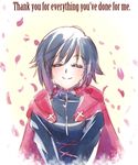  ^_^ black_hair cloak closed_eyes commentary cross crying english_commentary hood hooded_cloak iesupa monty_oum_(creator) petals rose_petals ruby_rose rwby short_hair smile tears 