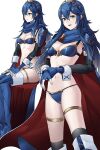  1girl ameno_(a_meno0) armor bikini blue_bikini blue_eyes blue_hair blush boots breasts cape elbow_gloves fingerless_gloves fire_emblem fire_emblem_awakening gloves hair_ornament hands_on_own_thighs long_hair lucina_(fire_emblem) multiple_views navel open_mouth shoulder_armor simple_background sitting small_breasts smile standing swimsuit symbol-shaped_pupils thigh_boots thighhighs tiara very_long_hair white_background 