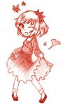  aki_shizuha blush dress dress_lift ginkgo highres leaf maple_leaf monochrome one_eye_closed open_mouth sketch solo touhou white_background yuran_(kuen-hien) 