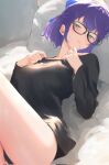  1girl a-chan_(hololive) bed_sheet black-framed_eyewear black_panties black_shirt blue_eyes blue_hair blush closed_mouth cohi27151463 corrupted_twitter_file half_updo hands_on_own_chest hashtag-only_commentary highres hololive long_sleeves looking_at_viewer no_pants on_bed panties red_lips shirt short_hair solo thighs underwear virtual_youtuber 