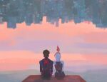  1boy 1girl building golden_hour gwen_stacy highres marvel miles_morales nanlawson sitting spider-gwen spider-man:_into_the_spider-verse spider-man_(miles_morales) spider-man_(series) spider-verse upside-down 