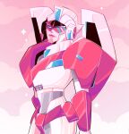  1girl arcee armor backpack bag blue_eyes falliay helmet highres humanoid_robot pink-framed_eyewear pink_lips robot robot_girl shoulder_armor solo sparkle_background transformers 