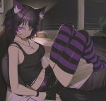  1girl animal_ear_fluff animal_ears belt black_gloves black_hair black_shorts black_tank_top breasts cat_ears cat_girl cat_tail cleavage closed_mouth colored_inner_animal_ears commission fingerless_gloves gloves heart heart_necklace highres indoors jewelry knees_up large_breasts looking_at_viewer multicolored_hair necklace no_shoes on_bed original plant purple_belt purple_eyes purple_hair short_hair short_shorts shorts signal_1120 signature sitting skeb_commission smile solo streaked_hair striped_clothes striped_thighhighs tail tank_top thighhighs window_blinds 