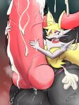 absurd_res anthro balls big_balls big_breasts big_penis bodily_fluids braixen breasts canid canine clothing collar cum cum_on_face cum_on_penis digital_media_(artwork) ejaculating_on_self ejaculation english_text erection expansion fan_character fenris_(itsjustn) fur generation_6_pokemon genital_fluids genitals growth growth_lines hair hair_over_eyes hi_res holding_penis huge_balls huge_penis hyper hyper_balls hyper_genitalia hyper_penis inner_ear_fluff makeup male male_(lore) mammal nintendo nude open_mouth penis pokemon pokemon_(species) shaded shieradevil simple_background solo tail text thick_thighs tuft underwear wide_hips yellow_body yellow_fur
