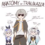  1boy 2girls :3 absurdres anatomy_of_a_gamer_(meme) arrow_(projectile) black_hairband black_jacket black_pants caelus_(honkai:_star_rail) closed_mouth commentary english_commentary english_text firefly_(honkai:_star_rail) goggles goggles_on_head grey_hair hairband hands_in_pockets highres honkai:_star_rail honkai_(series) hood hood_down hooded_jacket jacket meme multiple_girls pants purple_eyes shirt short_hair silver_wolf_(honkai:_star_rail) simple_background smile sunglasses trailblazer_(honkai:_star_rail) white_background white_hair white_shirt yolo_generations 