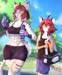 abs absurd_res alyia_(dividebyezer0) anthro big_breasts blush bottle breasts clothed clothing container digital_media_(artwork) duo felid female fur hair hi_res konosuke_(mrgolla) male male/female mammal mrgolla muscular pantherine shy simple_background size_difference smile tail tiger water_bottle wide_hips worried