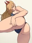  big_butt blonde_hair blue_bra blue_clothing blue_panties blue_underwear bra breasts butt chainsaw_man clothing eyelashes female grey_background hair hair_over_eye hi_res horn horned_humanoid humanoid long_hair looking_at_viewer looking_back looking_back_at_viewer milkmountain one_eye_obstructed panties power_(chainsaw_man) pupils rear_view red_horn simple_background smile solo tan_body tan_skin thick_thighs underwear unusual_pupils wide_hips 