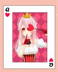  aki_sakura alice_in_wonderland bad_id bad_pixiv_id blush breasts card cleavage corset cosplay crown hat headphones highres large_breasts long_hair looking_at_viewer nitroplus open_mouth pink_hair playing_card queen_of_hearts queen_of_hearts_(cosplay) red_eyes solo super_sonico 