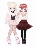  2girls :t ahoge akamatsu_kaede alternate_costume animal_ear_headphones animal_ears animal_print ankle_socks argyle_clothes argyle_socks asymmetrical_legwear bad_id bad_twitter_id black_pantyhose black_shirt blonde_hair brown_footwear brown_pantyhose brown_vest buttons chewing closed_mouth coat collar collared_coat cross-laced_footwear crossed_arms danganronpa_(series) danganronpa_v3:_killing_harmony earmuffs eating expressionless eyelashes fake_animal_ears food food_request full_body fur-trimmed_coat fur_scarf fur_trim hair_ornament hairclip hand_in_pocket headphones holding holding_food kkonmeo knees light_blush long_hair long_sleeves looking_at_viewer mary_janes miniskirt multiple_girls open_clothes open_coat pantyhose pink_coat pink_eyes pink_scarf pink_sleeves pink_socks puffy_long_sleeves puffy_sleeves rabbit_ear_headphones rabbit_print red_eyes red_hair red_skirt scarf see-through see-through_legwear shirt shoes short_hair simple_background skirt sneakers socks straight-on sweater_vest turtleneck turtleneck_shirt two-tone_socks v-neck vest wavy_mouth white_background white_collar white_footwear white_headphones white_shirt white_sleeves white_socks yumeno_himiko 