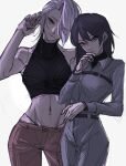  2girls bare_arms black_hair black_shirt chest_strap chief_(path_to_nowhere) closed_mouth collared_shirt commentary_request crop_top expressionless eyes_visible_through_hair female_chief_(path_to_nowhere) grey_background grey_pants grey_shirt hand_up highres long_hair long_sleeves looking_at_viewer medium_hair multiple_girls navel okkoooome pants path_to_nowhere red_pants shirt simple_background sleeveless sleeveless_shirt smile toned_female white_hair zoya_(path_to_nowhere) 