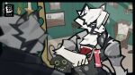  1boy animal_ears artist_request bangboo_(zenless_zone_zero) butler closed_eyes colored_tips copyright_name english_commentary facing_object furry furry_male highres logo male_focus mirror multicolored_hair official_art von_lycaon wolf_boy wolf_ears zenless_zone_zero 