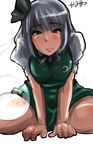  :o arm_support bangs blouse blunt_bangs blush bow bowtie breast_squeeze breasts green_eyes green_skirt grey_hair hair_bow highres kamiya_(amamiko) konpaku_youmu konpaku_youmu_(ghost) large_breasts leaning_forward looking_at_viewer mole mole_under_mouth puffy_short_sleeves puffy_sleeves shirt short_sleeves simple_background sitting sketch skirt skirt_set solo touhou v_arms vest wariza white_background white_shirt 