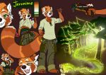 absurd_res ailurid anthro clothed clothing digital_media_(artwork) ear_piercing english_text fluffy fluffy_tail fur hair hi_res looking_at_viewer male mammal open_mouth pawpads paws piercing red_panda ring_piercing rinkamo signature simple_background smile solo stripes tail text wolfennecus(world)