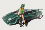  1girl absurdres ahoge animal_ear_fluff animal_ears black_shorts black_thighhighs bokuya car closed_mouth commission green_car green_eyes green_footwear green_hair green_shirt green_theme hat highres jacket jewelry lamborghini lamborghini_countach long_hair long_sleeves looking_at_viewer motor_vehicle multicolored_clothes multicolored_jacket open_clothes open_jacket original pendant shadow shirt shoes shorts single_thighhigh skeb_commission smile sneakers solo sports_car standing thighhighs vehicle_focus 